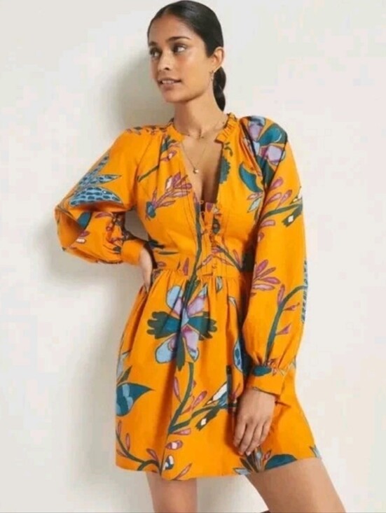 Anthropologie Dresses & Skirts - Anthropologie Let Me Be Cotton Orange Green Floral Mini Dress NWT XS